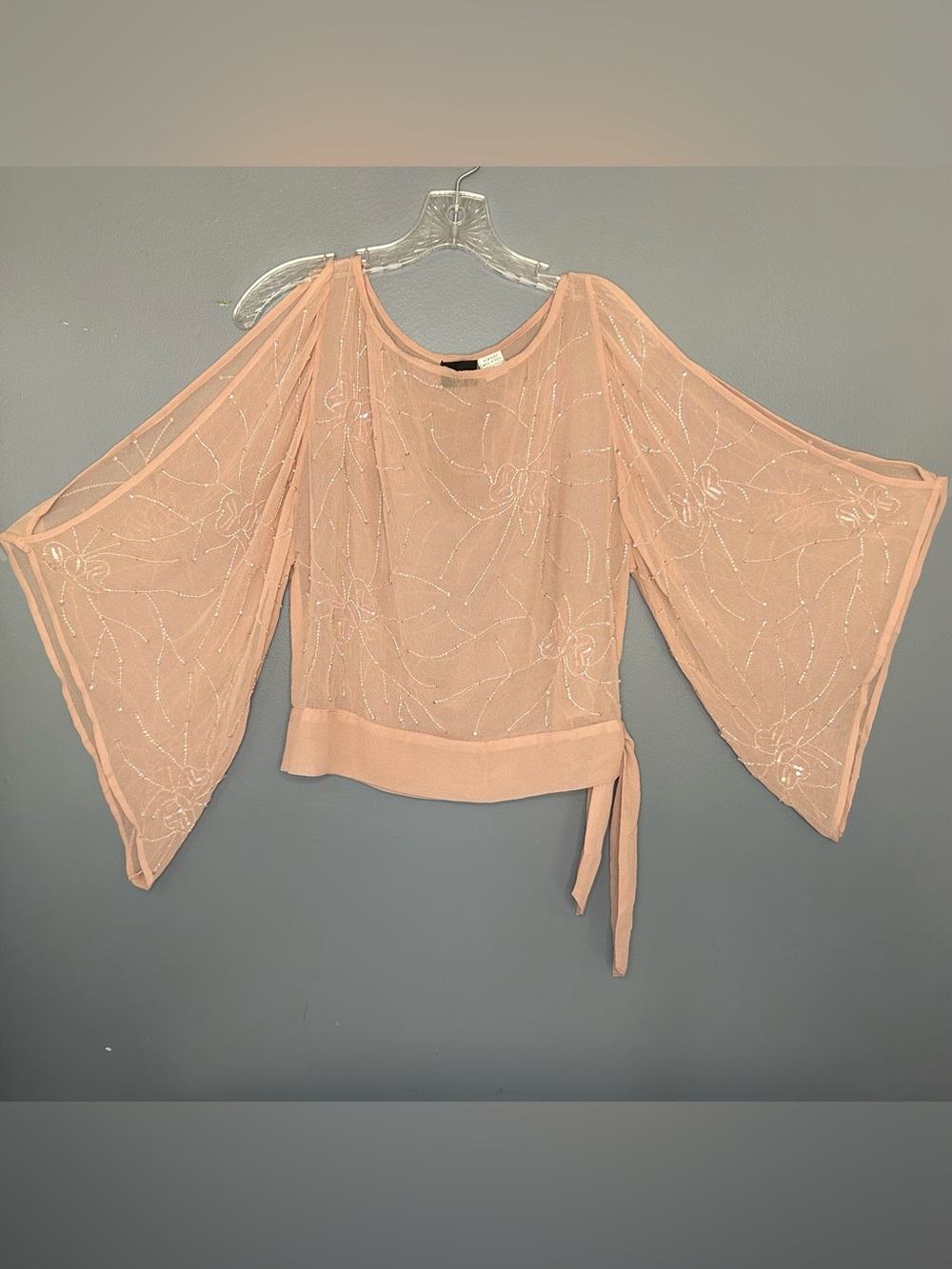Fairycore Kimono Blouse Womens S Blush Pink Butterfly Beaded Sheer Top Sequin
